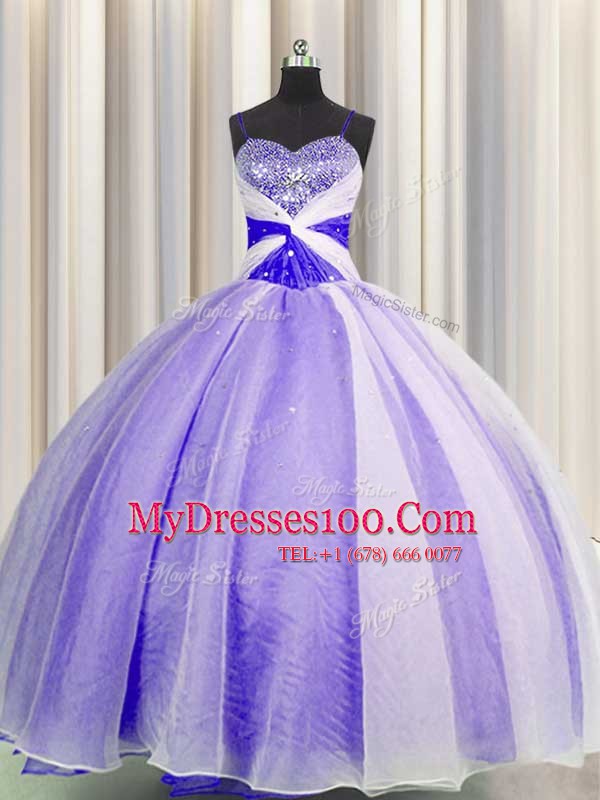Sequins Spaghetti Straps Lavender Sleeveless Organza Lace Up Quinceanera Dress for Military Ball and Sweet 16 and Quinceanera