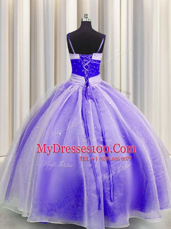 Sequins Spaghetti Straps Lavender Sleeveless Organza Lace Up Quinceanera Dress for Military Ball and Sweet 16 and Quinceanera