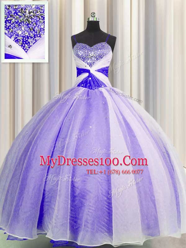 Sequins Spaghetti Straps Lavender Sleeveless Organza Lace Up Quinceanera Dress for Military Ball and Sweet 16 and Quinceanera