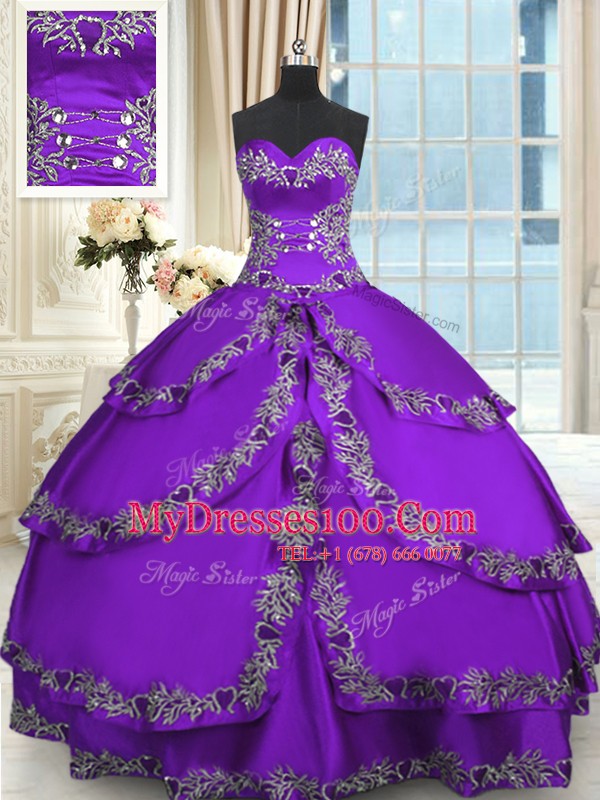Clearance Beading and Appliques and Ruffled Layers Ball Gown Prom Dress Purple Lace Up Sleeveless Floor Length
