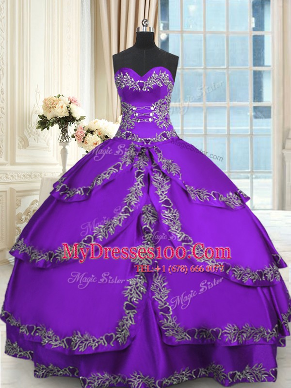 Clearance Beading and Appliques and Ruffled Layers Ball Gown Prom Dress Purple Lace Up Sleeveless Floor Length