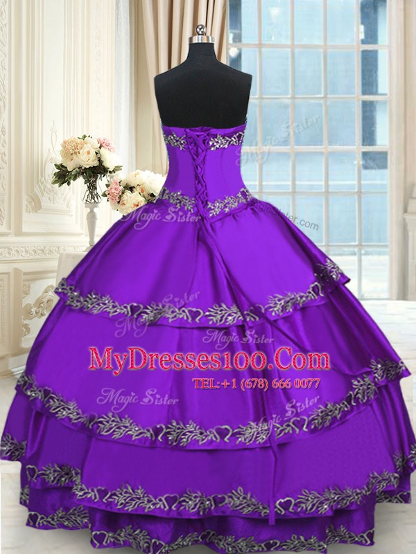 Clearance Beading and Appliques and Ruffled Layers Ball Gown Prom Dress Purple Lace Up Sleeveless Floor Length