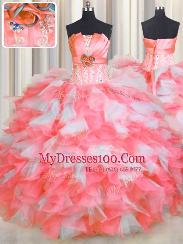 Pink And White Vestidos de Quinceanera Military Ball and Sweet 16 and Quinceanera and For with Beading and Ruffles and Hand Made Flower Strapless Sleeveless Lace Up