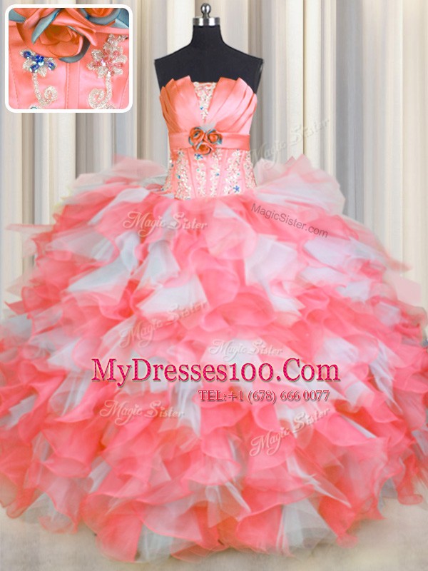Pink And White Vestidos de Quinceanera Military Ball and Sweet 16 and Quinceanera and For with Beading and Ruffles and Hand Made Flower Strapless Sleeveless Lace Up