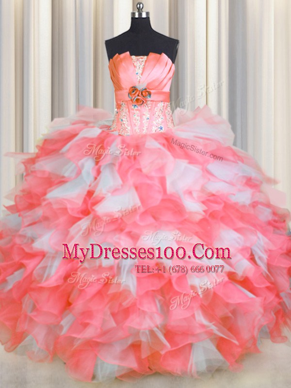 Pink And White Vestidos de Quinceanera Military Ball and Sweet 16 and Quinceanera and For with Beading and Ruffles and Hand Made Flower Strapless Sleeveless Lace Up
