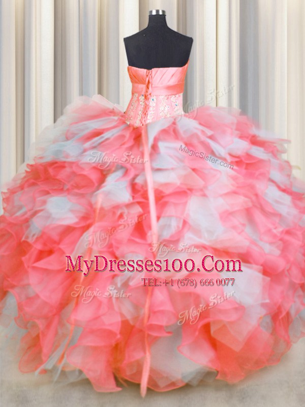 Pink And White Vestidos de Quinceanera Military Ball and Sweet 16 and Quinceanera and For with Beading and Ruffles and Hand Made Flower Strapless Sleeveless Lace Up