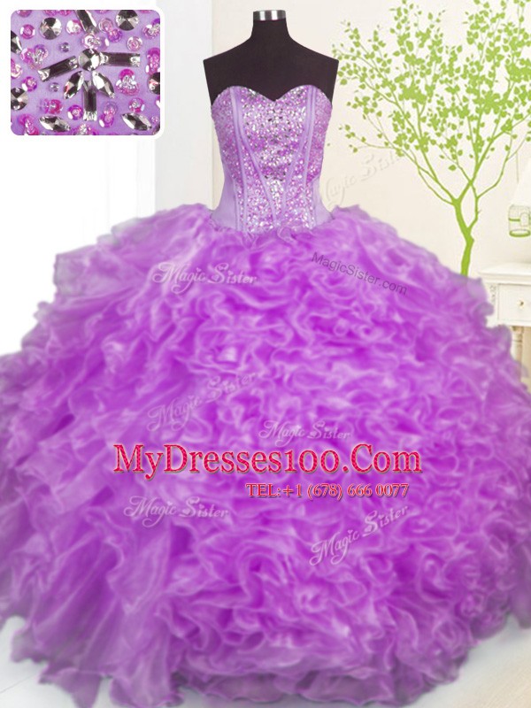 Purple Ball Gowns Organza Sweetheart Sleeveless Beading and Ruffles and Pick Ups Floor Length Lace Up 15th Birthday Dress