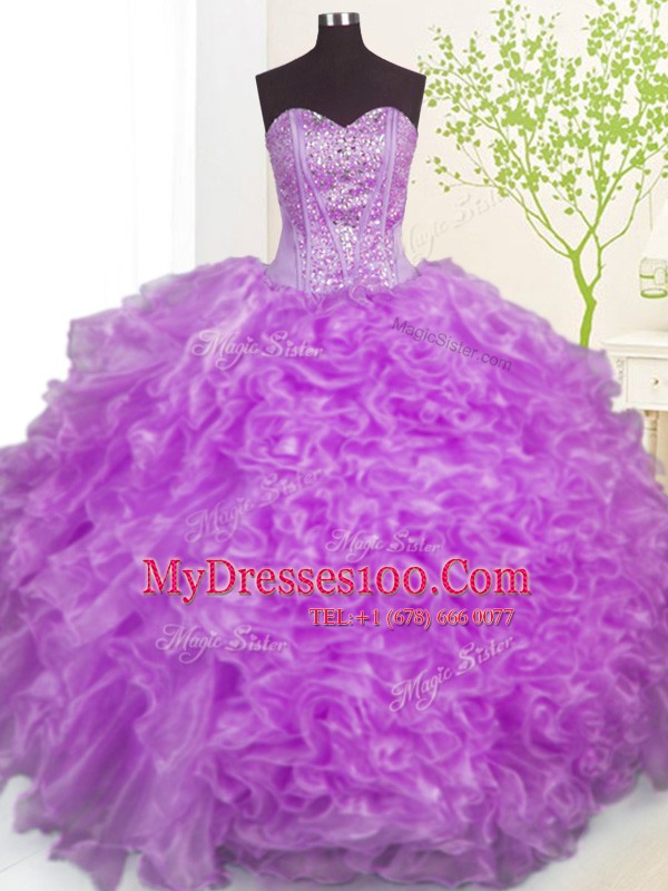 Purple Ball Gowns Organza Sweetheart Sleeveless Beading and Ruffles and Pick Ups Floor Length Lace Up 15th Birthday Dress