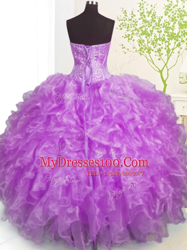 Purple Ball Gowns Organza Sweetheart Sleeveless Beading and Ruffles and Pick Ups Floor Length Lace Up 15th Birthday Dress