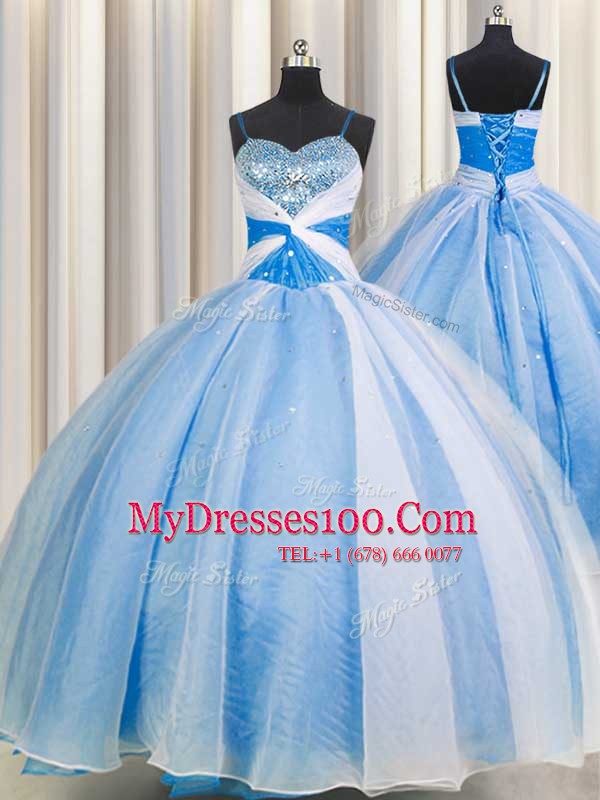 Graceful Spaghetti Straps Baby Blue Sleeveless Floor Length Beading and Sequins and Ruching Lace Up Quinceanera Gowns