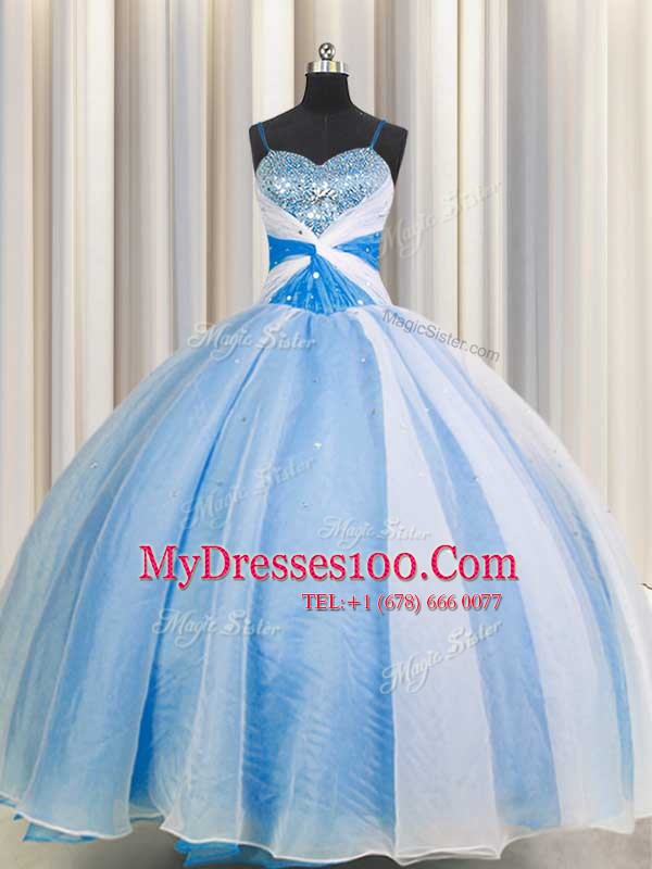 Graceful Spaghetti Straps Baby Blue Sleeveless Floor Length Beading and Sequins and Ruching Lace Up Quinceanera Gowns