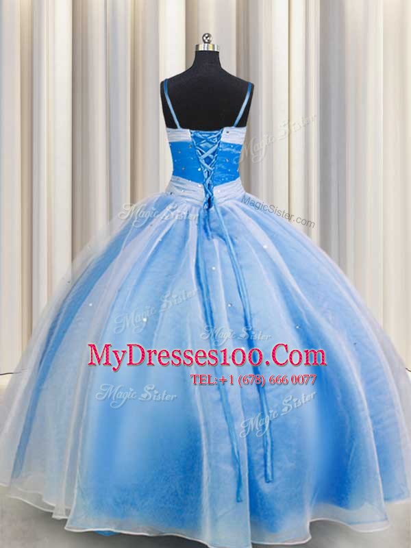 Graceful Spaghetti Straps Baby Blue Sleeveless Floor Length Beading and Sequins and Ruching Lace Up Quinceanera Gowns