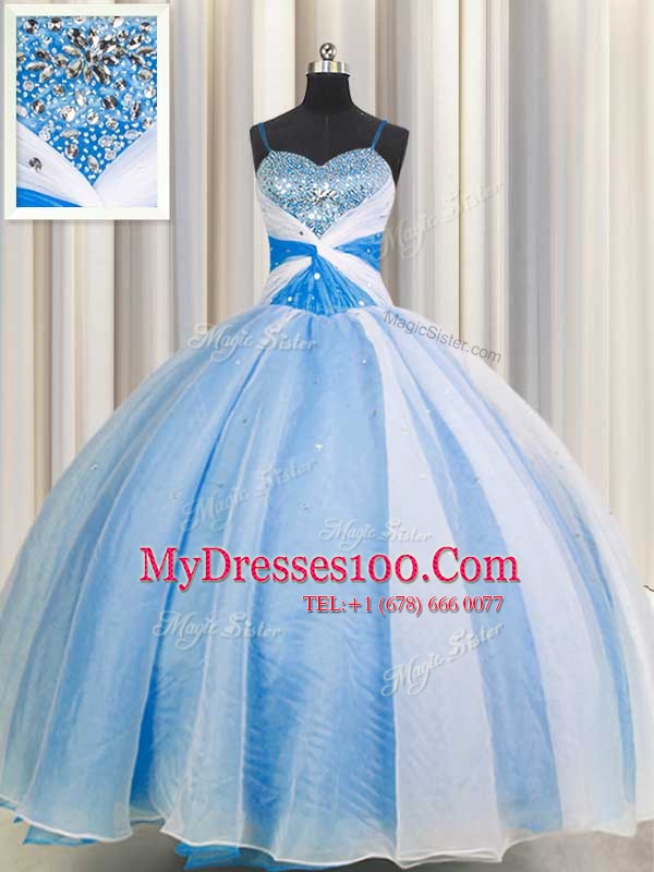 Graceful Spaghetti Straps Baby Blue Sleeveless Floor Length Beading and Sequins and Ruching Lace Up Quinceanera Gowns