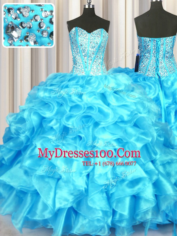 Aqua Blue Organza Lace Up Quinceanera Dresses Sleeveless Floor Length Beading and Ruffles