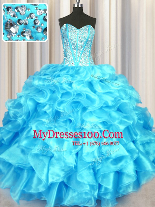 Aqua Blue Organza Lace Up Quinceanera Dresses Sleeveless Floor Length Beading and Ruffles