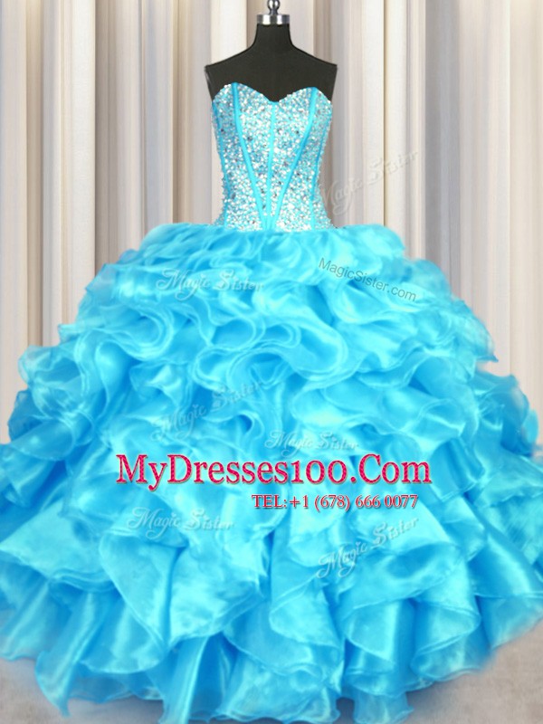 Aqua Blue Organza Lace Up Quinceanera Dresses Sleeveless Floor Length Beading and Ruffles
