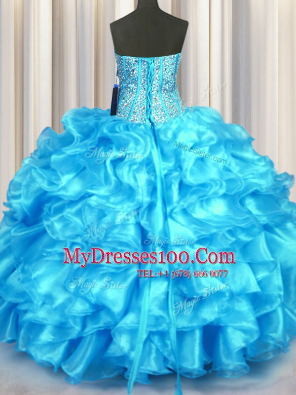 Aqua Blue Organza Lace Up Quinceanera Dresses Sleeveless Floor Length Beading and Ruffles