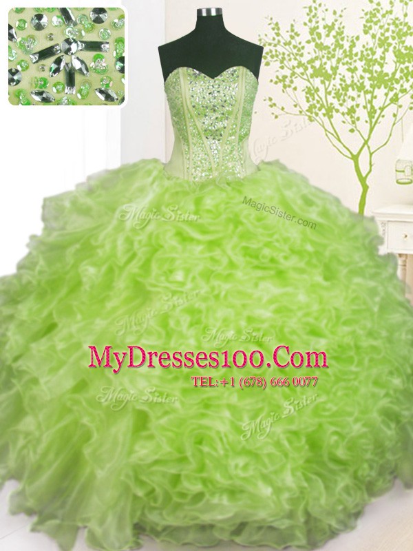 Suitable Pick Ups Floor Length Ball Gowns Sleeveless Yellow Green Quinceanera Gowns Lace Up
