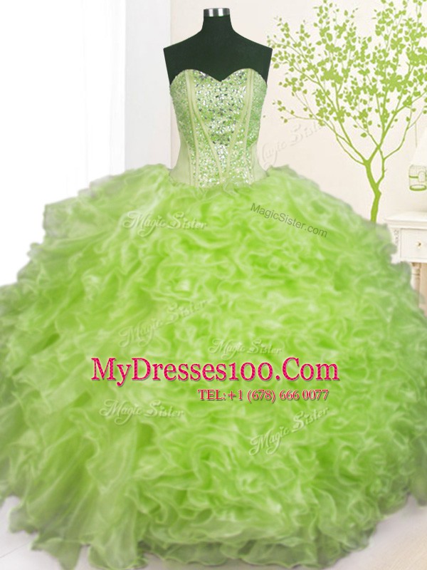 Suitable Pick Ups Floor Length Ball Gowns Sleeveless Yellow Green Quinceanera Gowns Lace Up