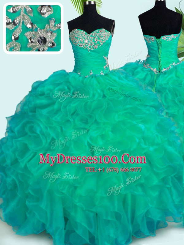 Organza Sleeveless Floor Length Ball Gown Prom Dress and Beading and Ruffles