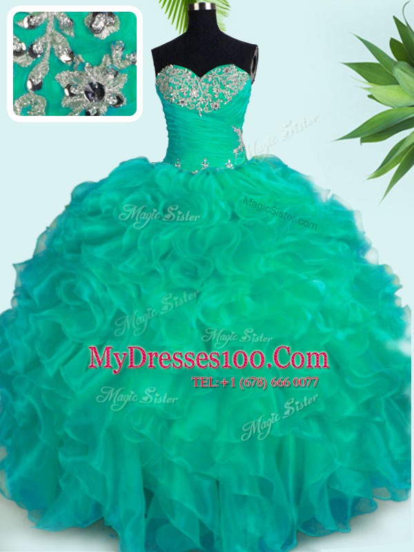 Organza Sleeveless Floor Length Ball Gown Prom Dress and Beading and Ruffles