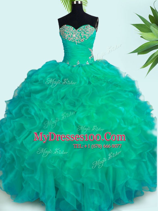 Organza Sleeveless Floor Length Ball Gown Prom Dress and Beading and Ruffles