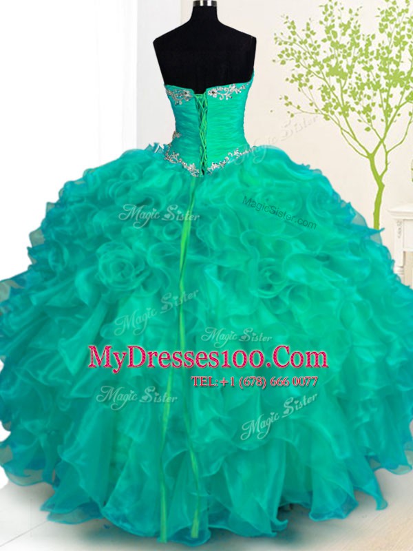Organza Sleeveless Floor Length Ball Gown Prom Dress and Beading and Ruffles