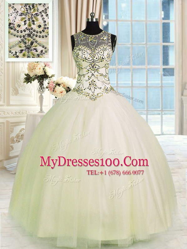 Scoop Floor Length Lace Up Quinceanera Dresses Champagne for Military Ball and Sweet 16 and Quinceanera with Beading