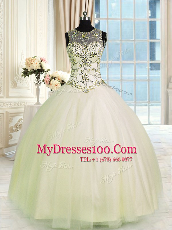 Scoop Floor Length Lace Up Quinceanera Dresses Champagne for Military Ball and Sweet 16 and Quinceanera with Beading