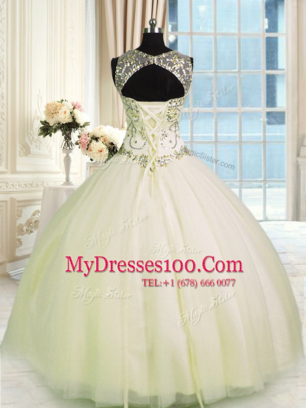 Scoop Floor Length Lace Up Quinceanera Dresses Champagne for Military Ball and Sweet 16 and Quinceanera with Beading