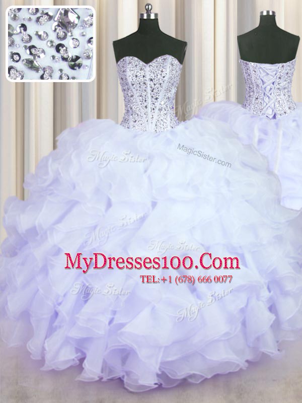 Lavender Sweetheart Neckline Beading and Ruffles Quinceanera Gown Sleeveless Lace Up