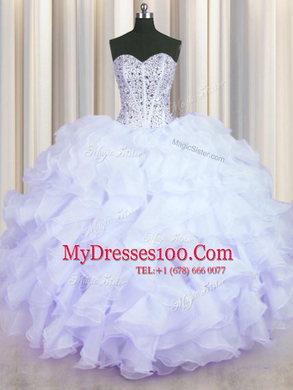 Lavender Sweetheart Neckline Beading and Ruffles Quinceanera Gown Sleeveless Lace Up