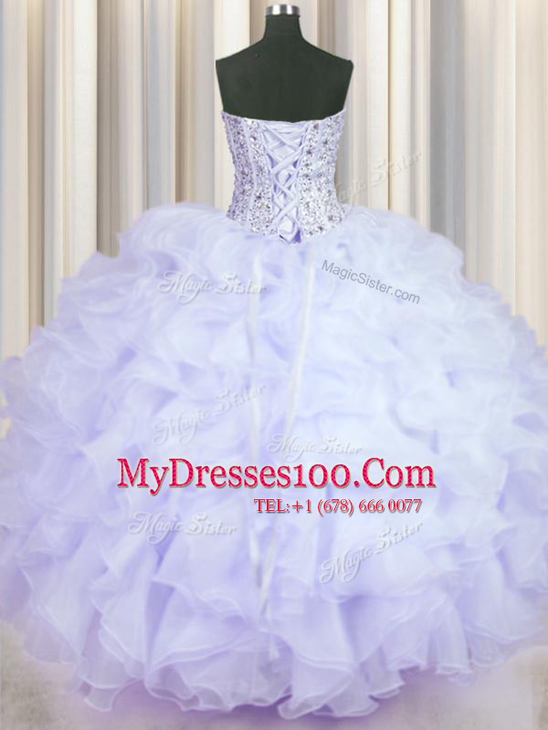 Lavender Sweetheart Neckline Beading and Ruffles Quinceanera Gown Sleeveless Lace Up