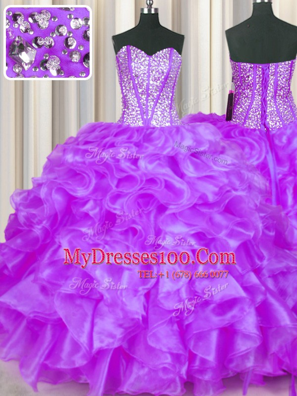 Hot Sale Eggplant Purple Sweetheart Neckline Beading and Ruffles Quinceanera Gowns Sleeveless Lace Up