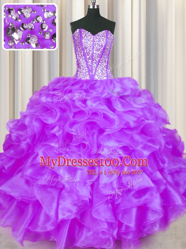 Hot Sale Eggplant Purple Sweetheart Neckline Beading and Ruffles Quinceanera Gowns Sleeveless Lace Up