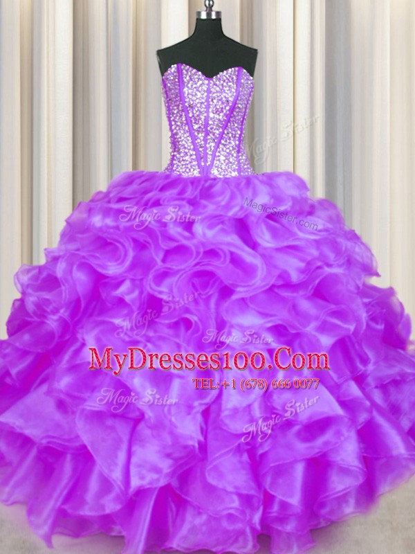 Hot Sale Eggplant Purple Sweetheart Neckline Beading and Ruffles Quinceanera Gowns Sleeveless Lace Up