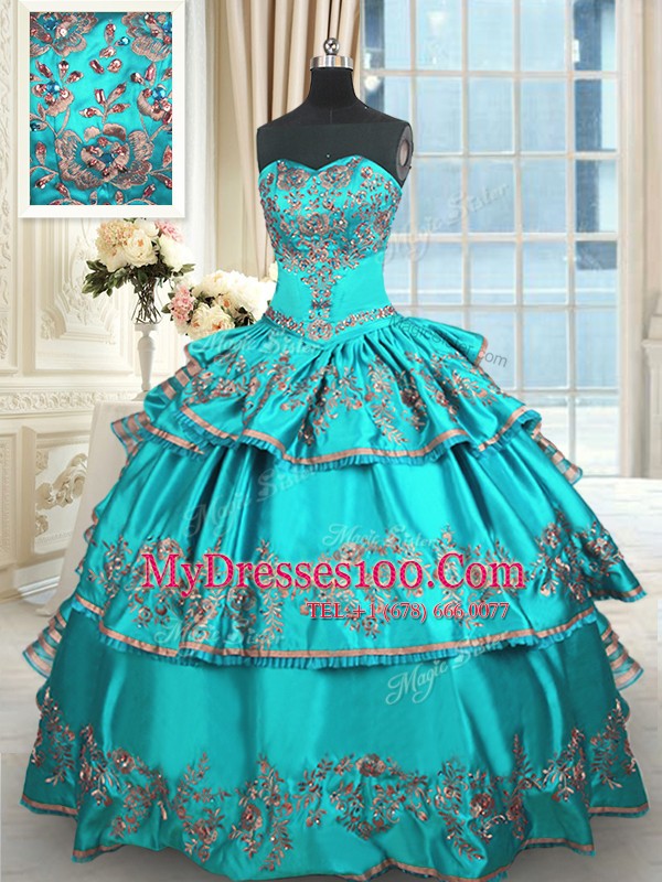 Taffeta Sweetheart Sleeveless Lace Up Embroidery and Ruffled Layers Quinceanera Dresses in Aqua Blue