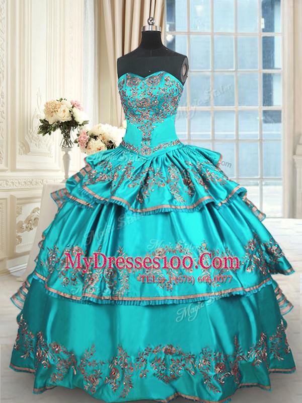 Taffeta Sweetheart Sleeveless Lace Up Embroidery and Ruffled Layers Quinceanera Dresses in Aqua Blue
