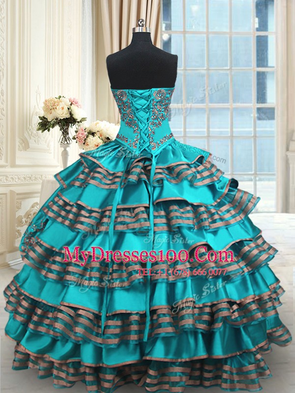 Taffeta Sweetheart Sleeveless Lace Up Embroidery and Ruffled Layers Quinceanera Dresses in Aqua Blue