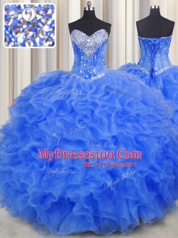 Royal Blue Ball Gowns Beading and Ruffles Quince Ball Gowns Lace Up Organza Sleeveless Floor Length