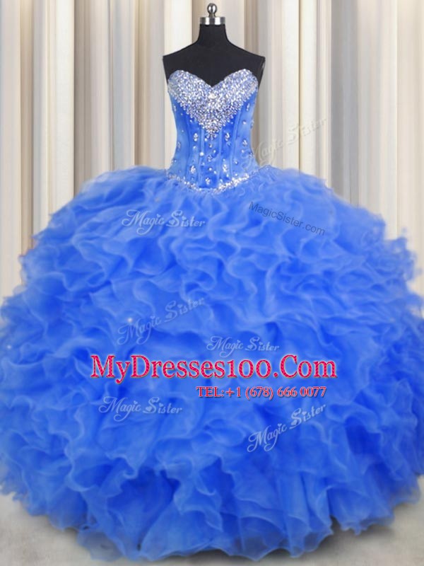 Royal Blue Ball Gowns Beading and Ruffles Quince Ball Gowns Lace Up Organza Sleeveless Floor Length