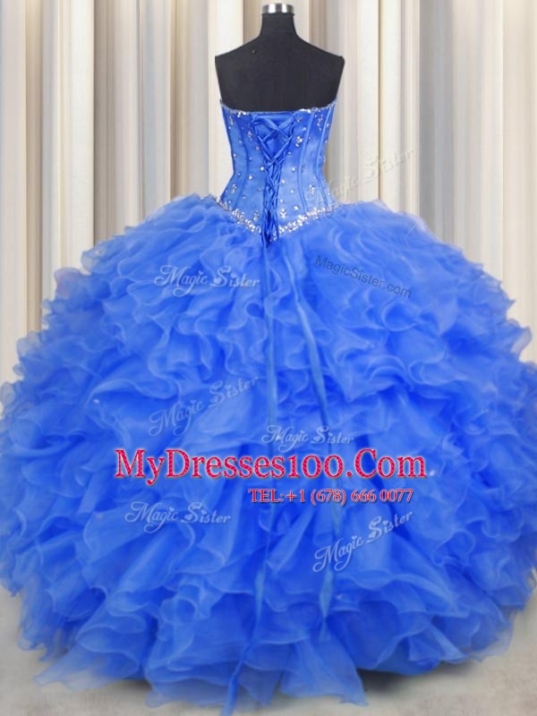 Royal Blue Ball Gowns Beading and Ruffles Quince Ball Gowns Lace Up Organza Sleeveless Floor Length