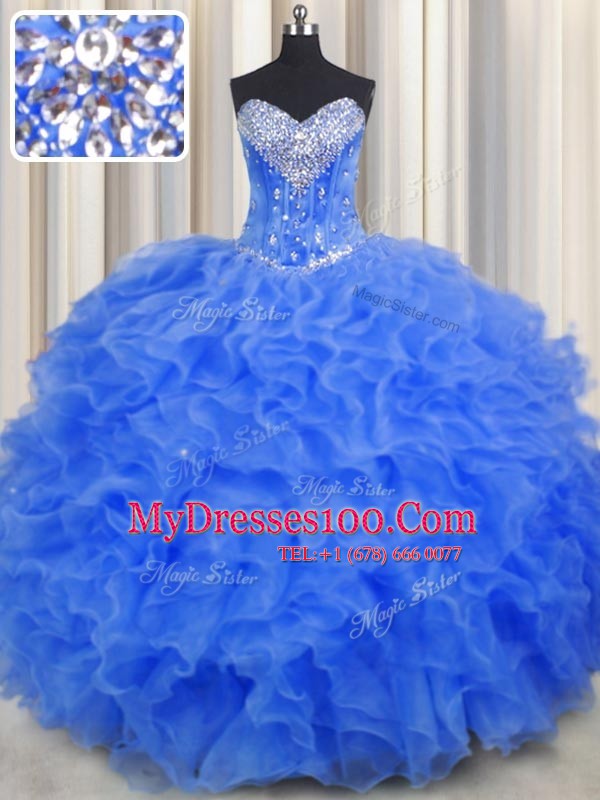 Royal Blue Ball Gowns Beading and Ruffles Quince Ball Gowns Lace Up Organza Sleeveless Floor Length