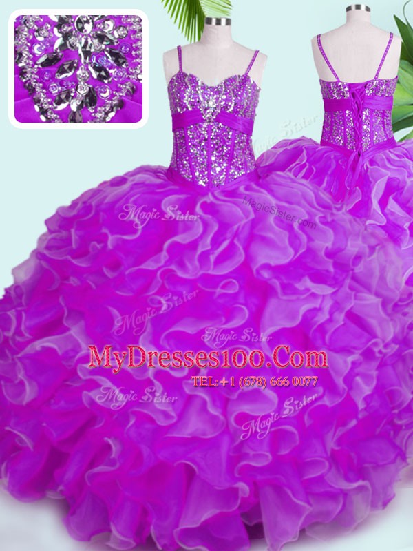 Adorable Sleeveless Lace Up Floor Length Beading and Ruffles Ball Gown Prom Dress