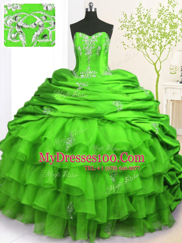 Sleeveless With Train Beading and Appliques and Ruffled Layers and Pick Ups Lace Up Ball Gown Prom Dress with Green Brush Train