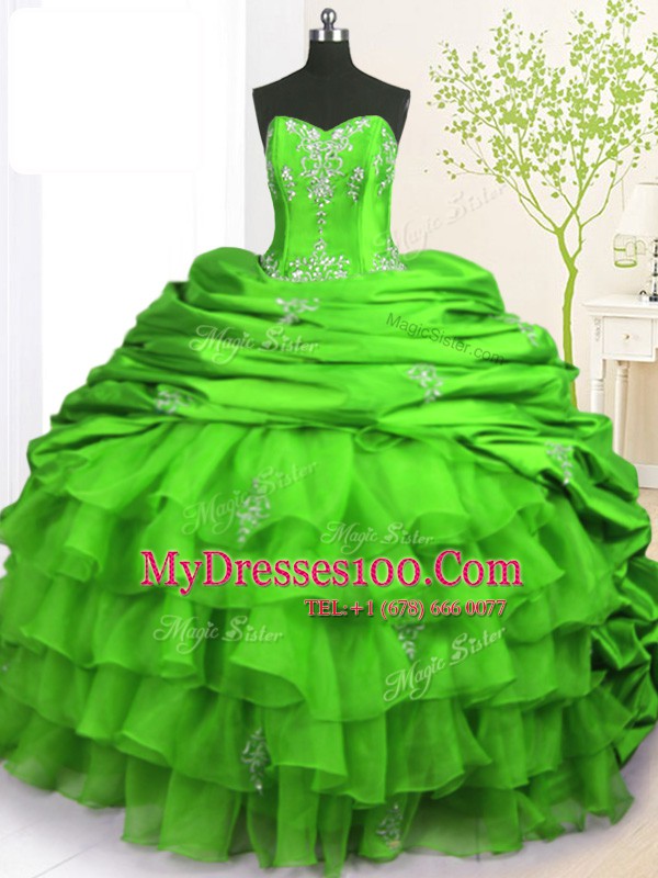 Sleeveless With Train Beading and Appliques and Ruffled Layers and Pick Ups Lace Up Ball Gown Prom Dress with Green Brush Train