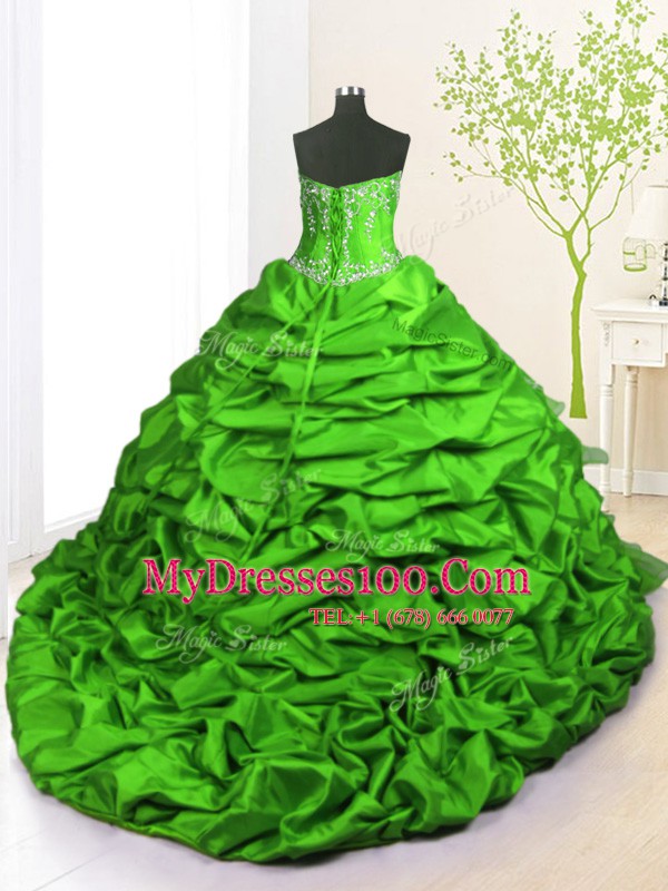 Sleeveless With Train Beading and Appliques and Ruffled Layers and Pick Ups Lace Up Ball Gown Prom Dress with Green Brush Train