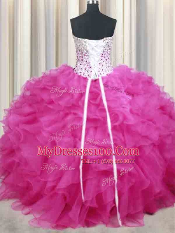 Sweet Hot Pink Ball Gowns Organza Halter Top Sleeveless Beading and Ruffles Floor Length Lace Up 15 Quinceanera Dress