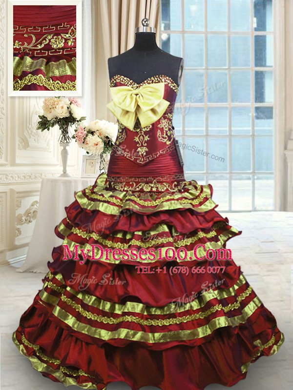 High Quality Sleeveless Sweep Train Appliques and Embroidery and Ruffled Layers and Bowknot Lace Up Quinceanera Dress