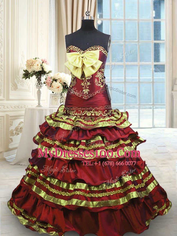 High Quality Sleeveless Sweep Train Appliques and Embroidery and Ruffled Layers and Bowknot Lace Up Quinceanera Dress